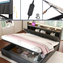Gutent Lit adulte lit 140x200 cm lit rembourré avec éclairage led lit de rangement lit double lin gris