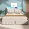 Gutent Lit adulte lit 140x200 cm lit rembourré lit 4 tiroirs lit de rangement avec sommier à lattes en bois lit double coton lin beige New