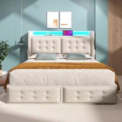 Gutent Lit adulte lit 140x200 cm lit rembourré lit 4 tiroirs lit de rangement avec sommier à lattes en bois lit double coton lin beige New