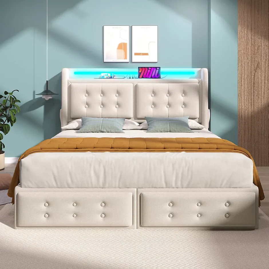 Gutent Lit adulte lit 140x200 cm lit rembourré lit 4 tiroirs lit de rangement avec sommier à lattes en bois lit double coton lin beige New