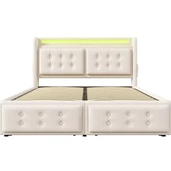 Gutent Lit adulte lit 140x200 cm lit rembourré lit 4 tiroirs lit de rangement avec sommier à lattes en bois lit double coton lin beige New