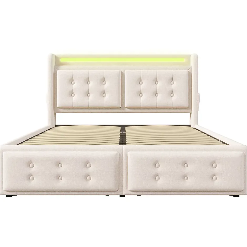 Gutent Lit adulte lit 140x200 cm lit rembourré lit 4 tiroirs lit de rangement avec sommier à lattes en bois lit double coton lin beige New