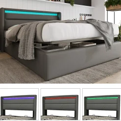 Gutent Lit adulte lit 140x200 cm lit rembourré hydraulique lit de rangement lit barre d'éclairage led lit double pu gris