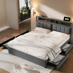 Gutent Lit adulte lit 160x200 cm lit rembourré avec quatre tiroirs avec sommier à lattes en bois lit double lin gris