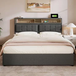Gutent Lit adulte lit 160x200 cm lit rembourré avec quatre tiroirs avec sommier à lattes en bois lit double lin gris