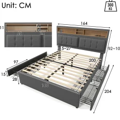 Gutent Lit adulte lit 160x200 cm lit rembourré avec quatre tiroirs avec sommier à lattes en bois lit double lin gris
