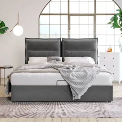 Gutent Lit adulte lit 140x200 cm lit rembourré hydraulique lit de rangement lit double velours gris