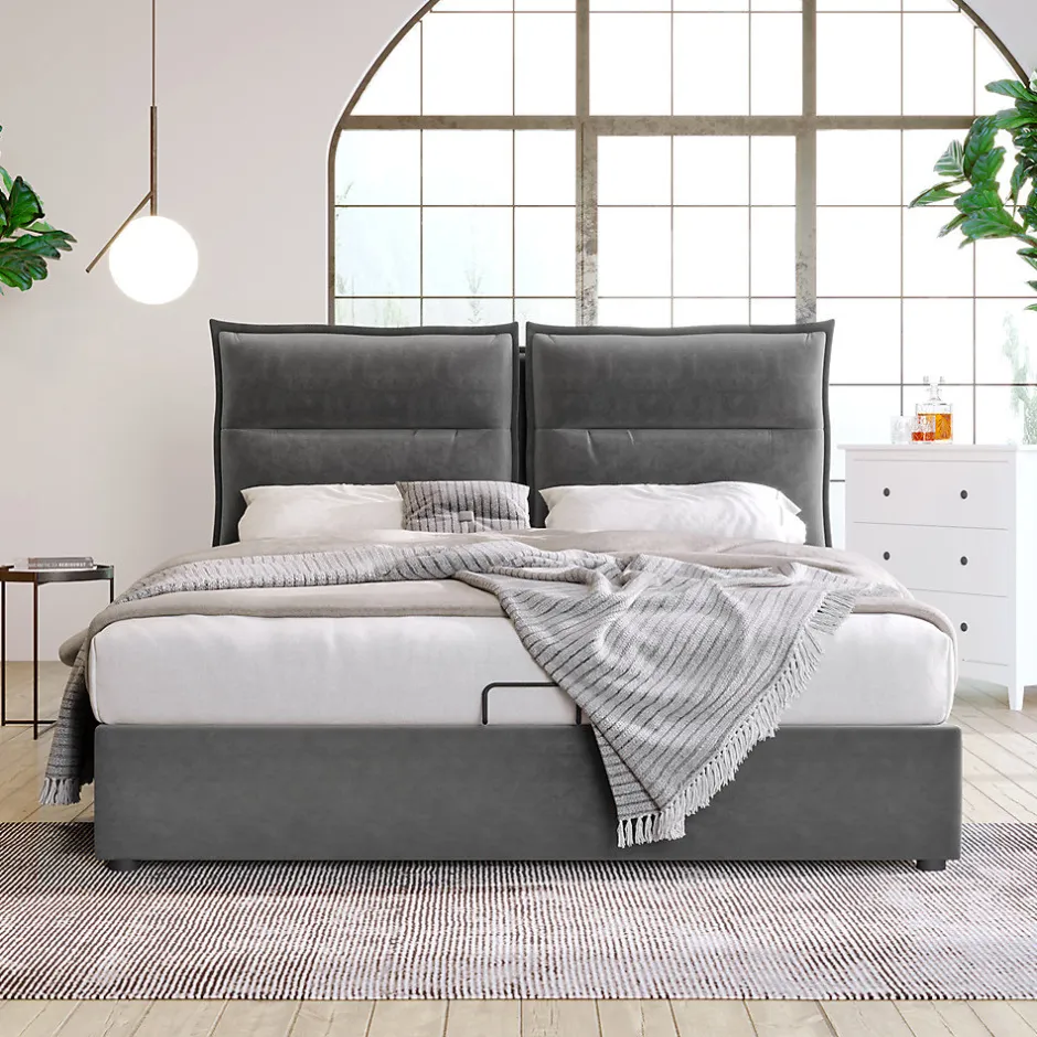 Gutent Lit adulte lit 140x200 cm lit rembourré hydraulique lit de rangement lit double velours gris
