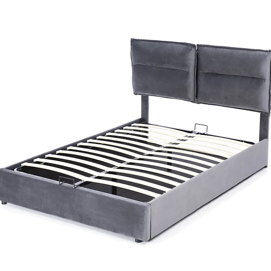 Gutent Lit adulte lit 140x200 cm lit rembourré hydraulique lit de rangement lit double velours gris