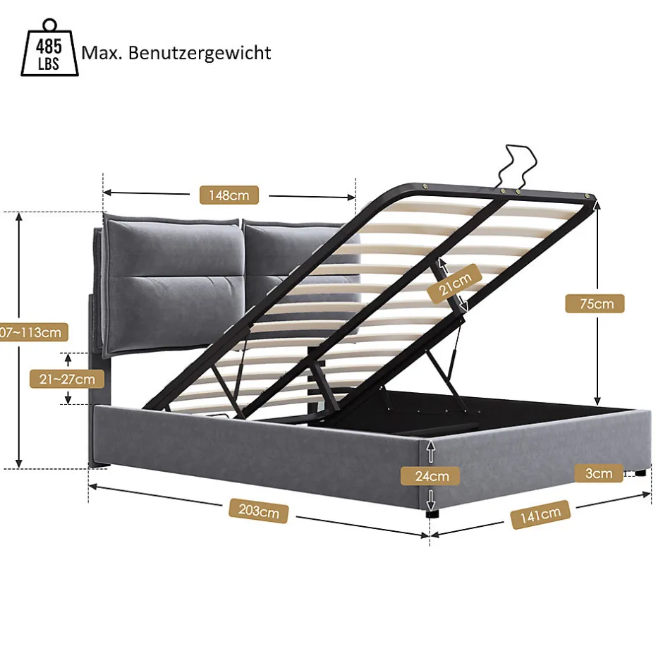 Gutent Lit adulte lit 140x200 cm lit rembourré hydraulique lit de rangement lit double velours gris