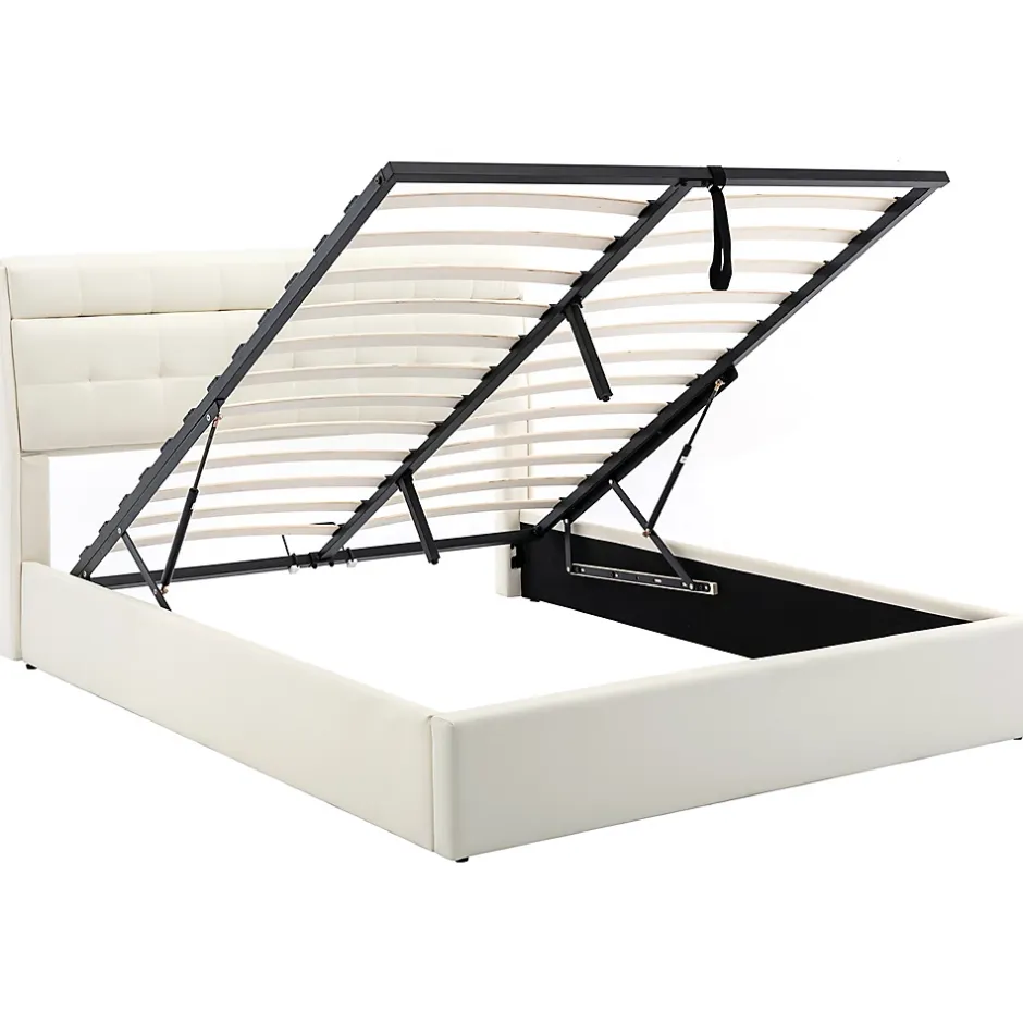 Gutent Lit adulte lit 140x200 cm lit rembourré hydraulique lit double avec sommier à lattes pu blanc crème New