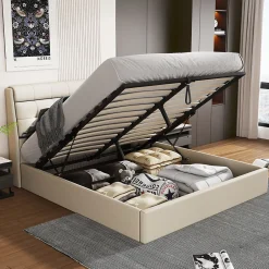 Gutent Lit adulte lit 140x200 cm lit rembourré hydraulique lit double avec sommier à lattes pu blanc crème New
