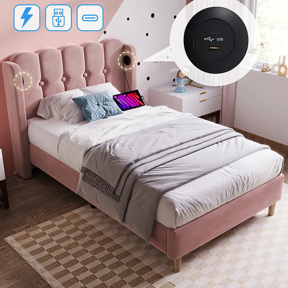 Gutent Lit adulte lit 90x200 cm lit rembourré avec fonction de charge usb type c Single velours rose