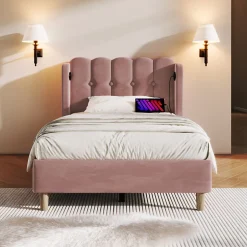 Gutent Lit adulte lit 90x200 cm lit rembourré avec fonction de charge usb type c Single velours rose