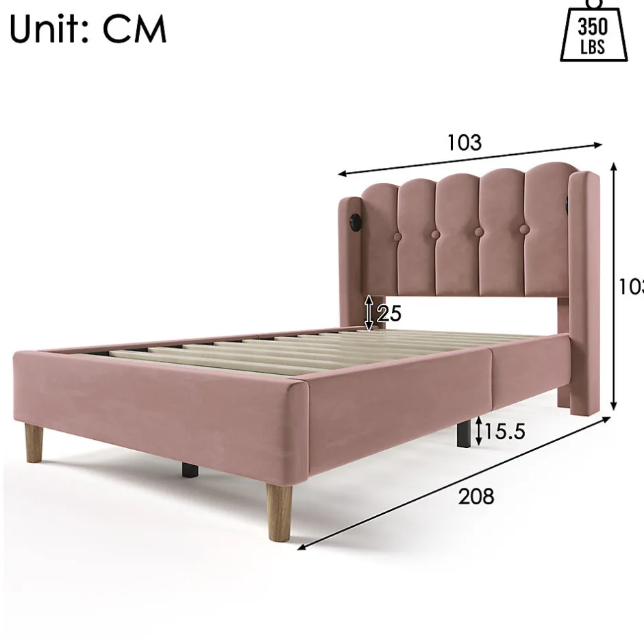 Gutent Lit adulte lit 90x200 cm lit rembourré avec fonction de charge usb type c Single velours rose