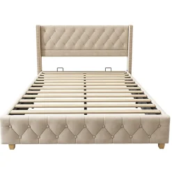 Gutent Lit adulte lit 160x200 cm lit rembourré lit rembourrage à rivets lit pieds en bois velours beige clair