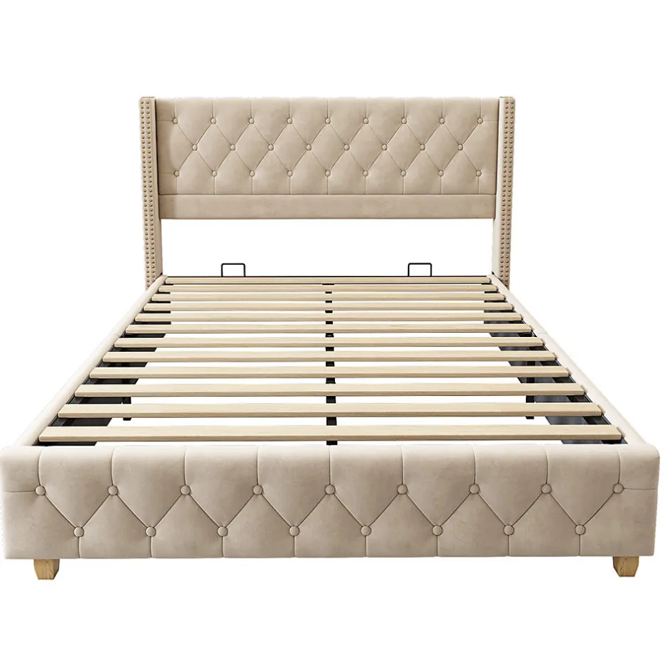 Gutent Lit adulte lit 160x200 cm lit rembourré lit rembourrage à rivets lit pieds en bois velours beige clair