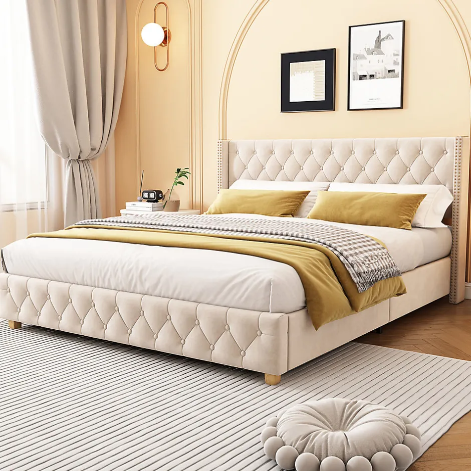 Gutent Lit adulte lit 160x200 cm lit rembourré lit rembourrage à rivets lit pieds en bois velours beige clair
