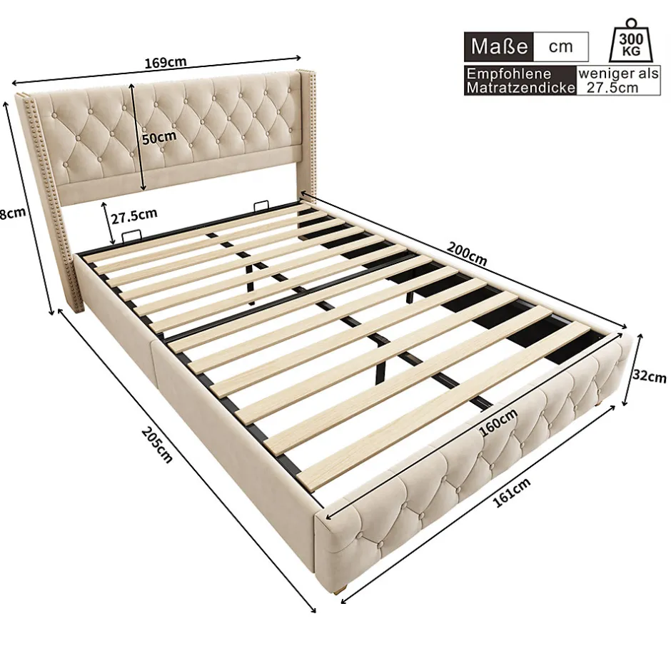 Gutent Lit adulte lit 160x200 cm lit rembourré lit rembourrage à rivets lit pieds en bois velours beige clair