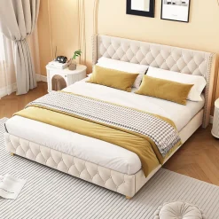 Gutent Lit adulte lit 160x200 cm lit rembourré lit rembourrage à rivets lit pieds en bois velours beige clair