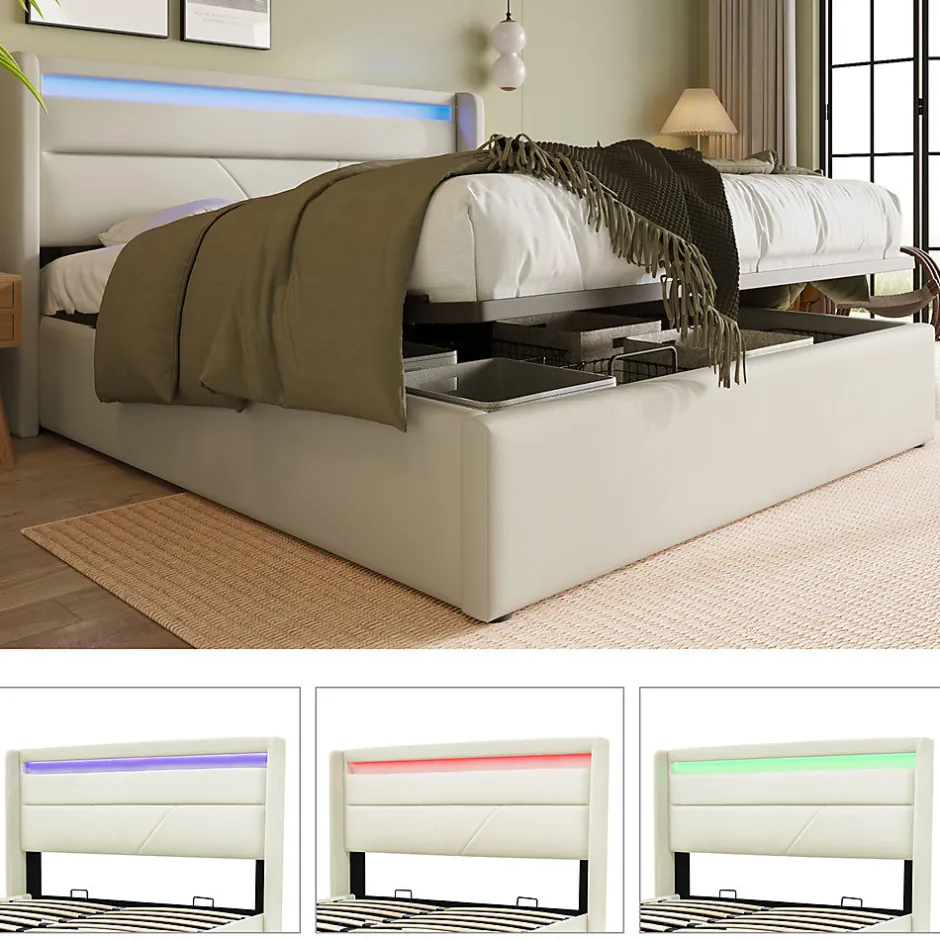 Gutent Lit adulte lit 160x200 cm lit rembourré hydraulique lit de rangement lit barre d'éclairage led lit double pu blanc