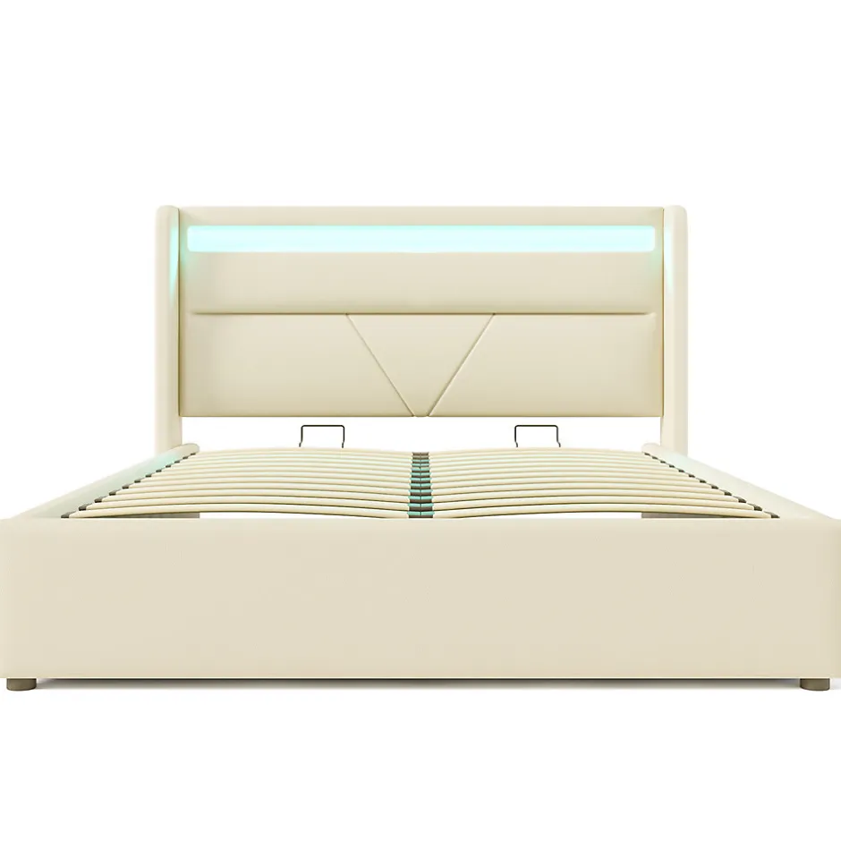 Gutent Lit adulte lit 160x200 cm lit rembourré hydraulique lit de rangement lit barre d'éclairage led lit double pu blanc