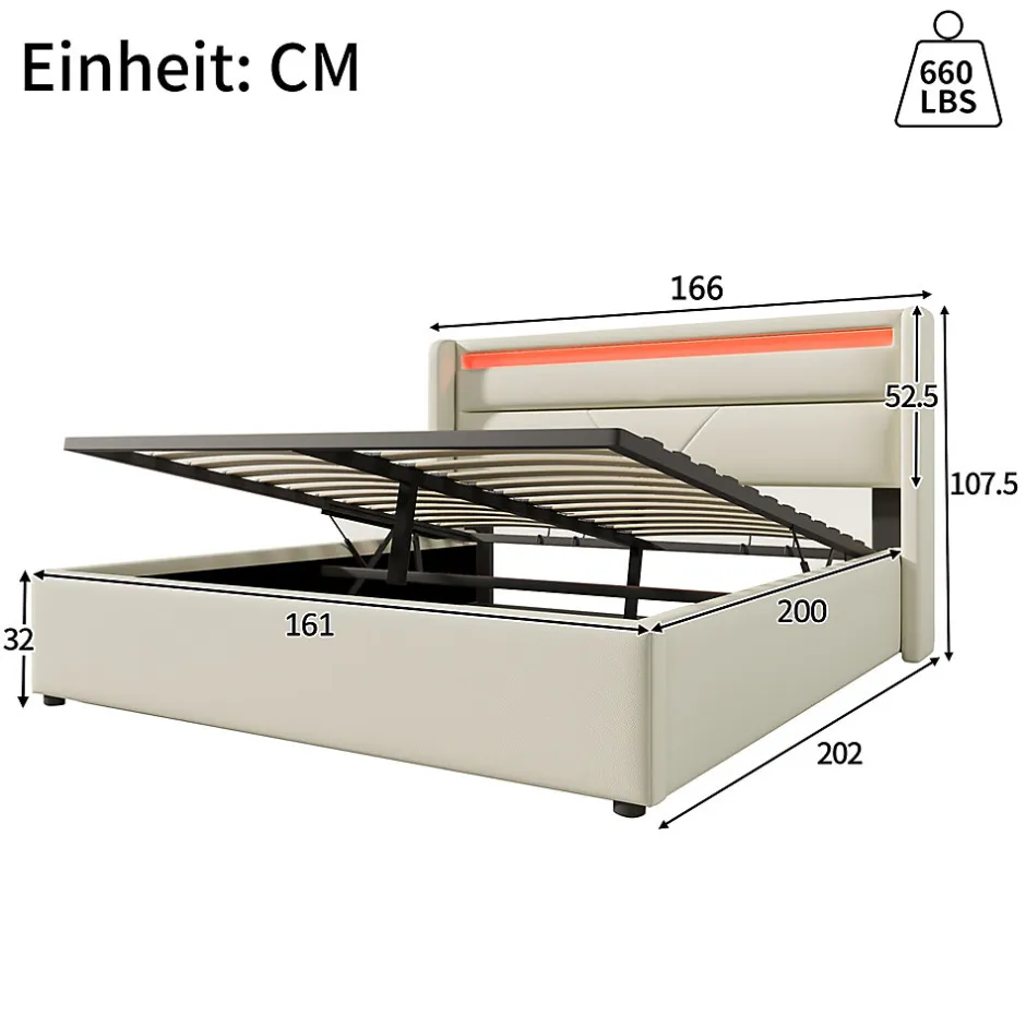 Gutent Lit adulte lit 160x200 cm lit rembourré hydraulique lit de rangement lit barre d'éclairage led lit double pu blanc