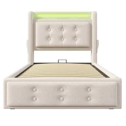 Gutent Lit adulte lit 90x200 cm lit rembourré hydraulique avec sommier en bois Single coton lin beige