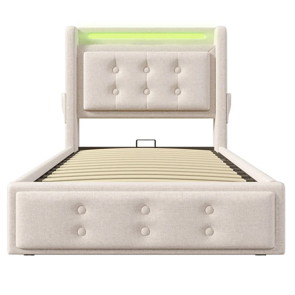 Gutent Lit adulte lit 90x200 cm lit rembourré hydraulique avec sommier en bois Single coton lin beige