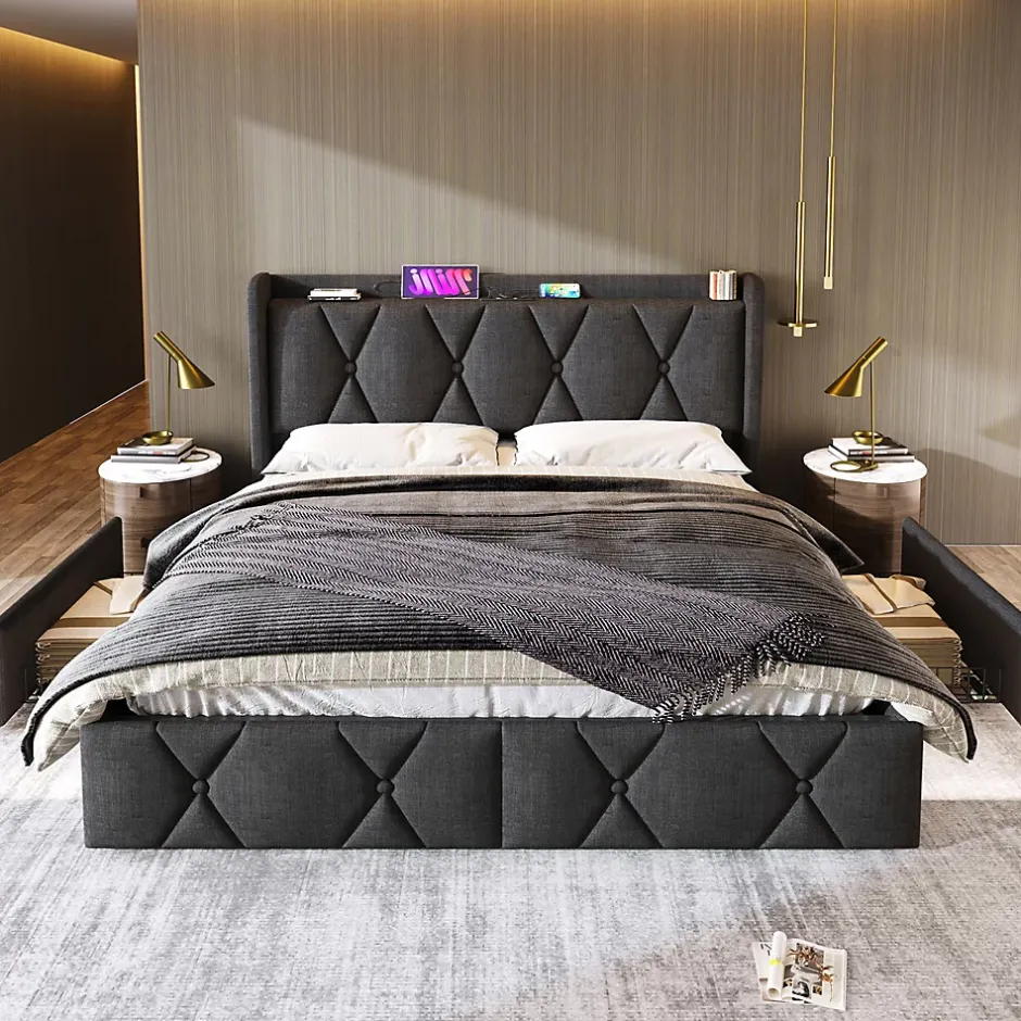 Gutent Lit adulte lit 160x200 cm lit rembourré lit de rangement avec 4 tiroirs lit double lin gris New