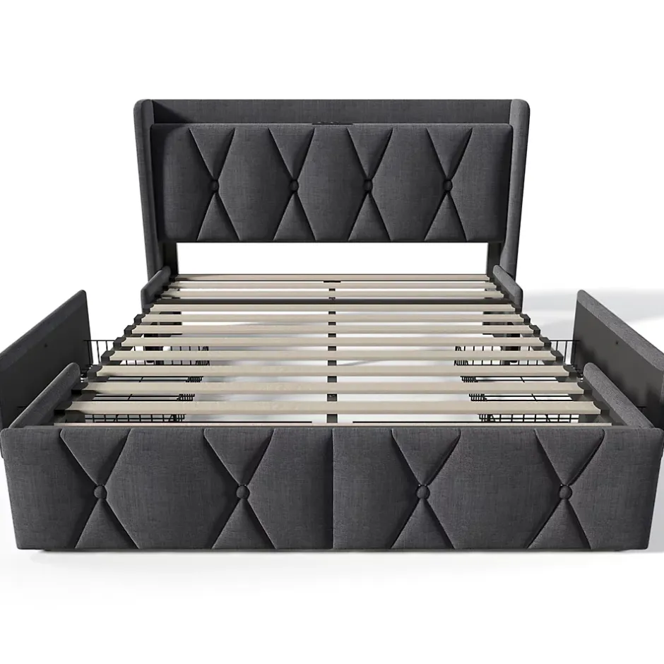Gutent Lit adulte lit 160x200 cm lit rembourré lit de rangement avec 4 tiroirs lit double lin gris New