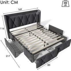 Gutent Lit adulte lit 160x200 cm lit rembourré lit de rangement avec 4 tiroirs lit double lin gris New