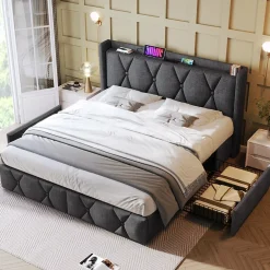 Gutent Lit adulte lit 160x200 cm lit rembourré lit de rangement avec 4 tiroirs lit double lin gris New