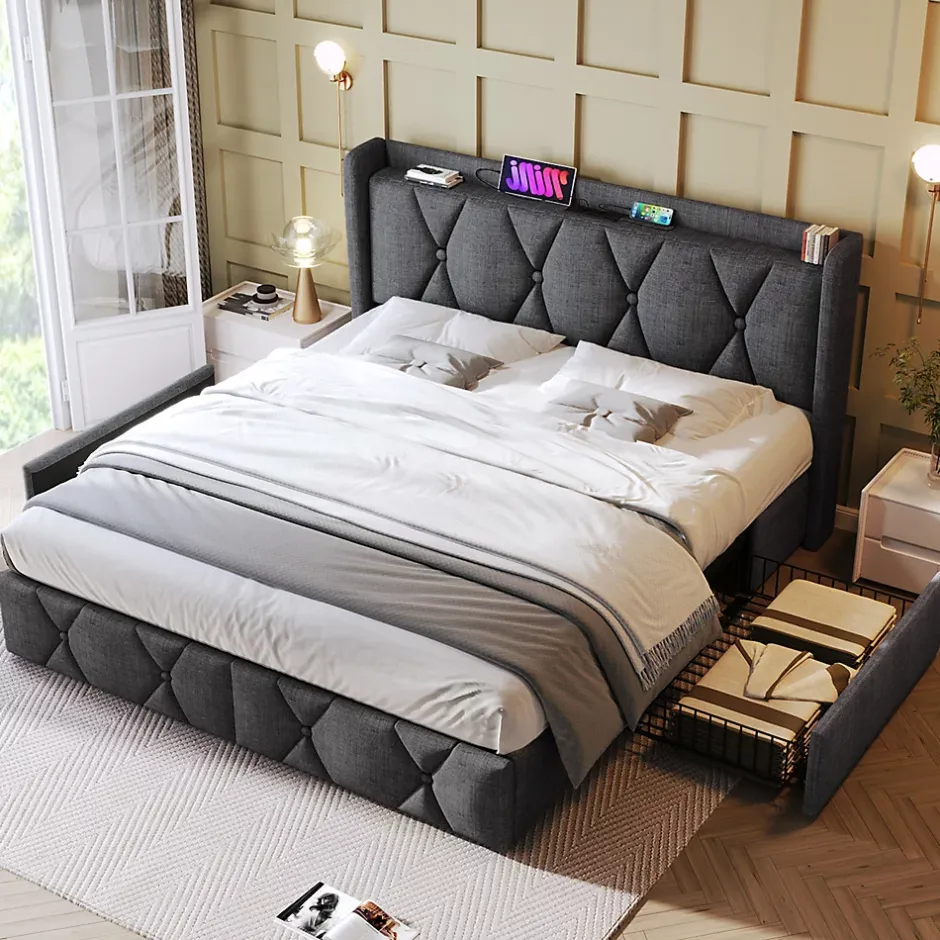 Gutent Lit adulte lit 160x200 cm lit rembourré lit de rangement avec 4 tiroirs lit double lin gris New