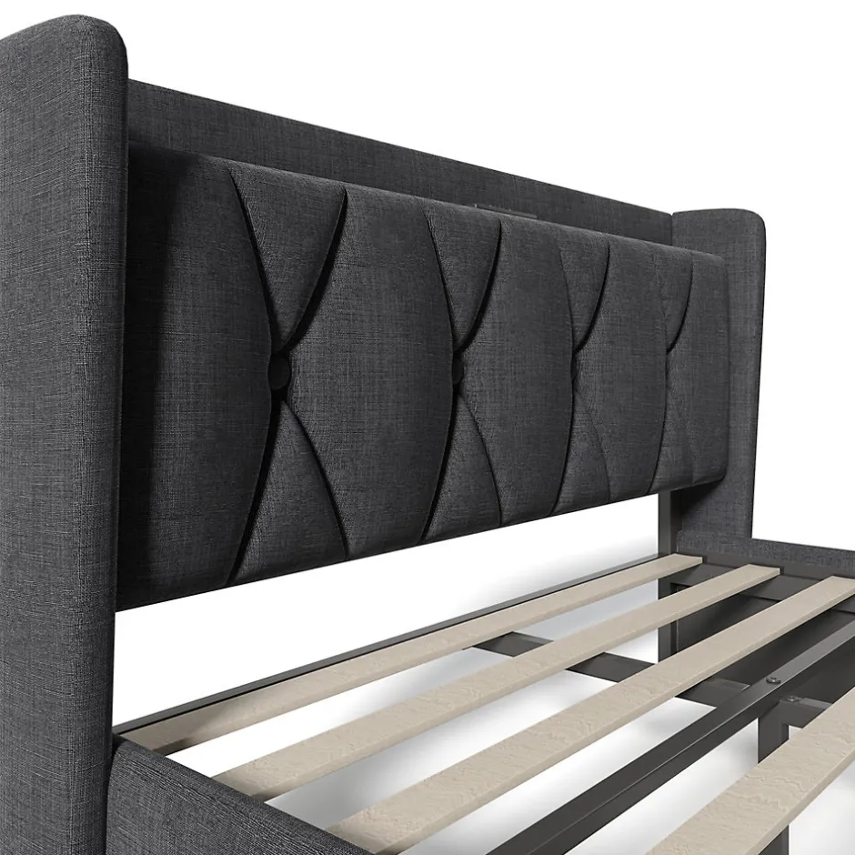 Gutent Lit adulte lit 160x200 cm lit rembourré lit de rangement avec 4 tiroirs lit double lin gris New