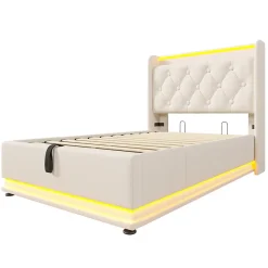 Gutent Lit adulte lit 90x200 cm lit rembourré hydraulique lit appui-tête rembourré avec fonction de recharge usb type-c Single pu blanc