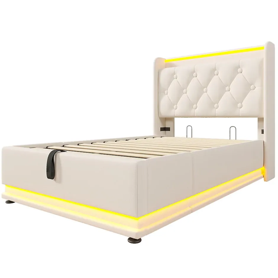 Gutent Lit adulte lit 90x200 cm lit rembourré hydraulique lit appui-tête rembourré avec fonction de recharge usb type-c Single pu blanc