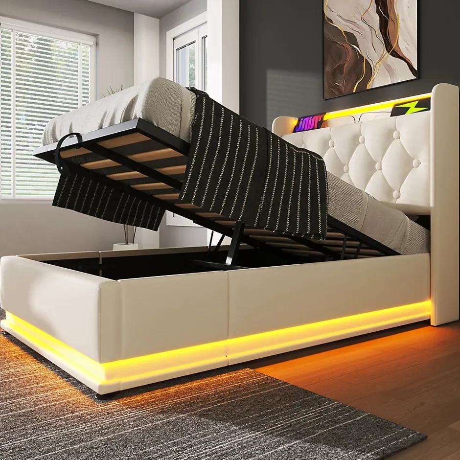 Gutent Lit adulte lit 90x200 cm lit rembourré hydraulique lit appui-tête rembourré avec fonction de recharge usb type-c Single pu blanc