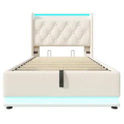 Gutent Lit adulte lit 90x200 cm lit rembourré hydraulique lit appui-tête rembourré avec fonction de recharge usb type-c Single pu blanc