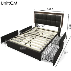Gutent Lit adulte lit 160x200 cm lit rembourré avec bandeau lumineux led et 4 tiroirs lit double pu noir