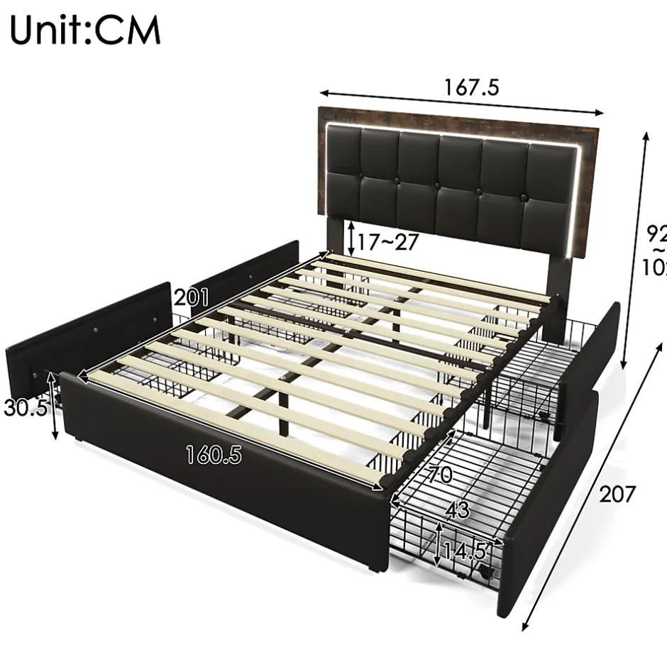 Gutent Lit adulte lit 160x200 cm lit rembourré avec bandeau lumineux led et 4 tiroirs lit double pu noir