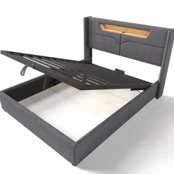 Gutent Lit adulte lit 160x200 cm lit rembourré lit de rangement lit sommier à lattes en bois lit double lin gris Outlet