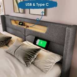 Gutent Lit adulte lit 160x200 cm lit rembourré lit de rangement lit sommier à lattes en bois lit double lin gris Outlet