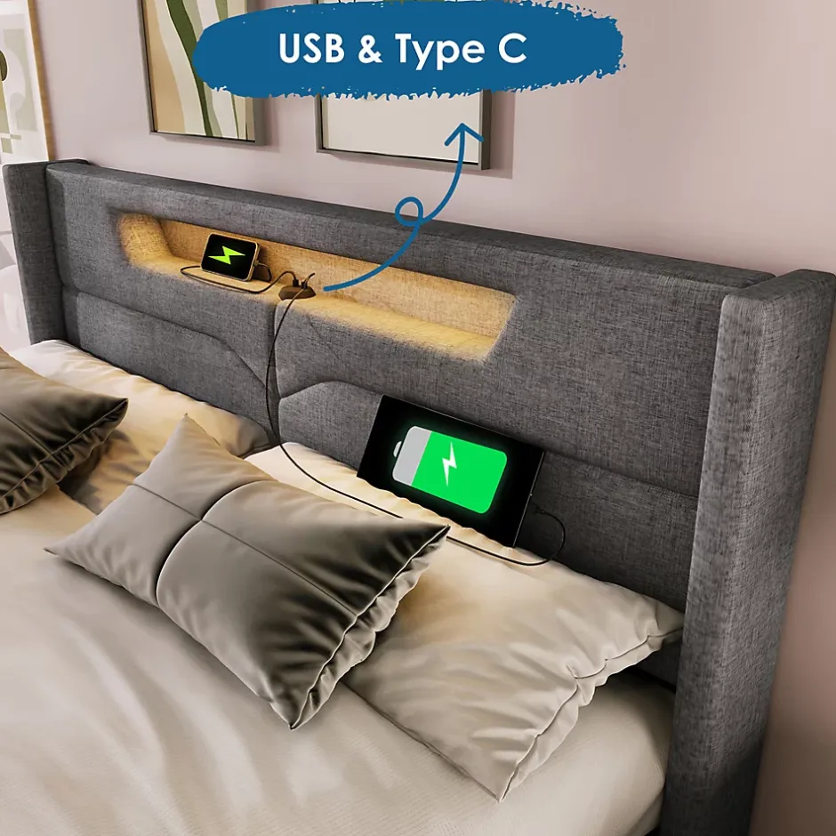 Gutent Lit adulte lit 160x200 cm lit rembourré lit de rangement lit sommier à lattes en bois lit double lin gris Outlet