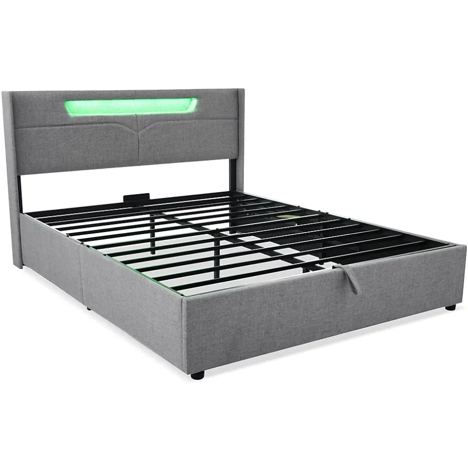 Gutent Lit adulte lit 160x200 cm lit rembourré lit de rangement lit sommier à lattes en bois lit double lin gris Outlet