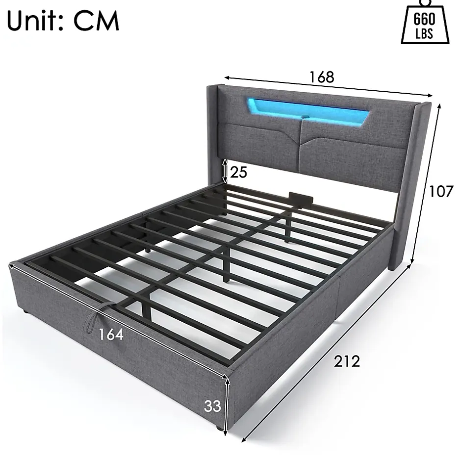 Gutent Lit adulte lit 160x200 cm lit rembourré lit de rangement lit sommier à lattes en bois lit double lin gris Outlet