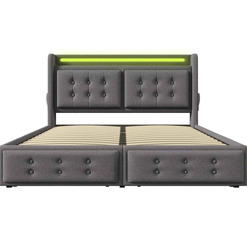 Gutent Lit adulte lit 140x200 cm lit rembourré lit 4 tiroirs lit de rangement avec sommier à lattes en bois lit double coton lin gris