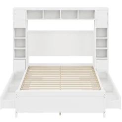 Gutent Lit adulte lit 140x200 cm lit sommier à lattes avec 4 tiroirs et armoire de rangement lit double bois massif blanc Discount