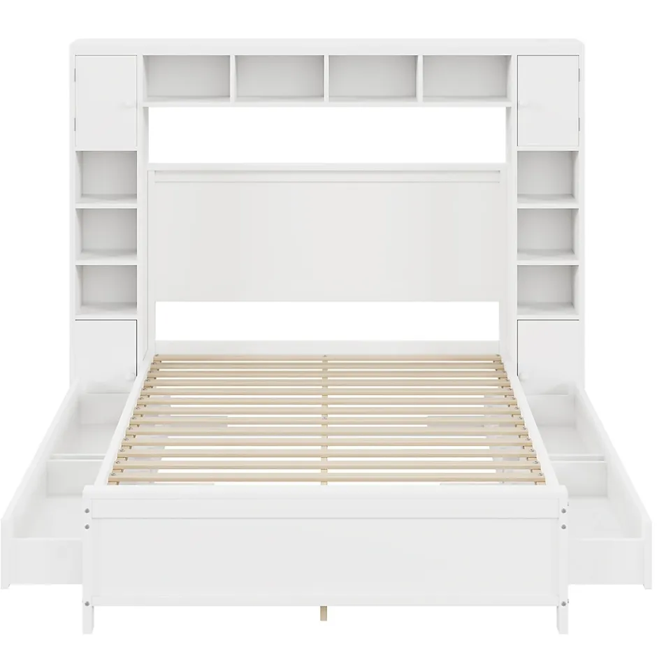 Gutent Lit adulte lit 140x200 cm lit sommier à lattes avec 4 tiroirs et armoire de rangement lit double bois massif blanc Discount