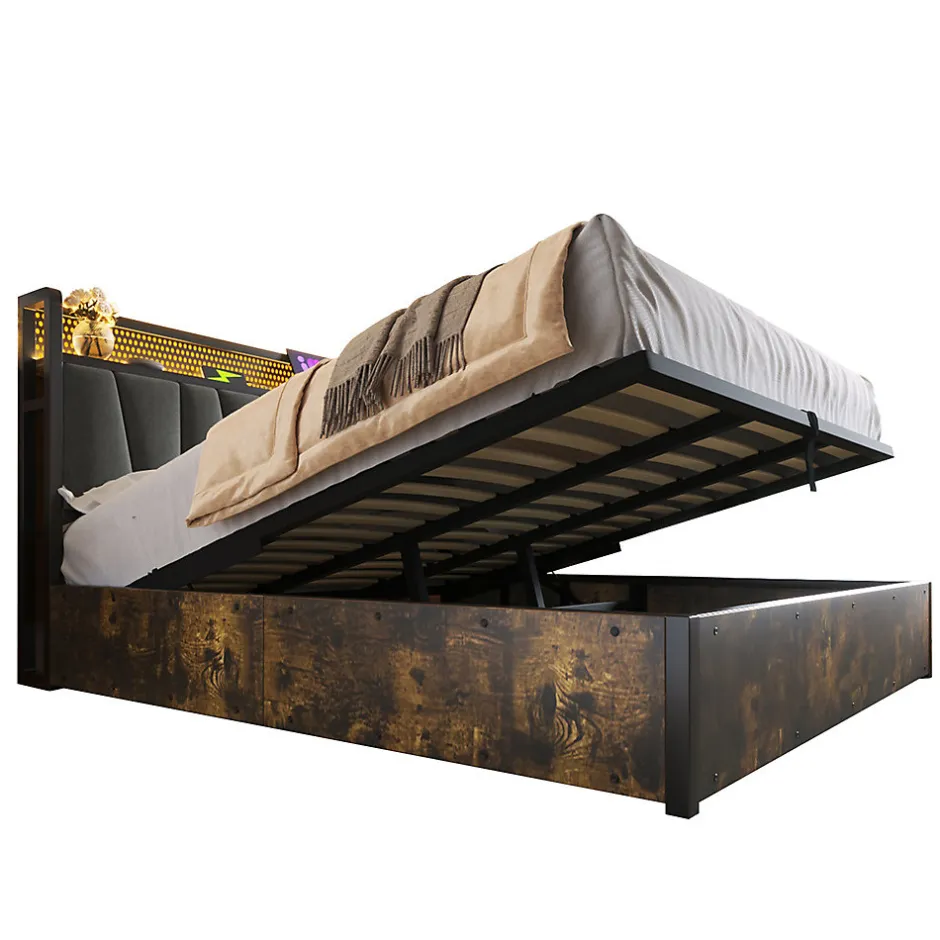 Gutent Lit adulte lit 160x200 cm lit sommier à lattes en bois lit éclairage led lit en métal lit double lin gris
